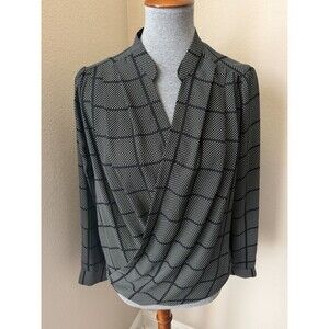 Ro & De Size XS Black Grid Polka Dot Print Long Sleeve Wrap Surplice Blouse